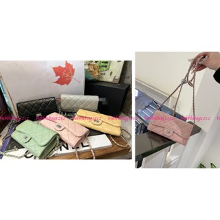 韓國小香風WOC款真皮羊皮菱格紋轉釦小銀球鏈條側斜背長夾/小包～黑色 米灰色 粉色 綠色 黃色