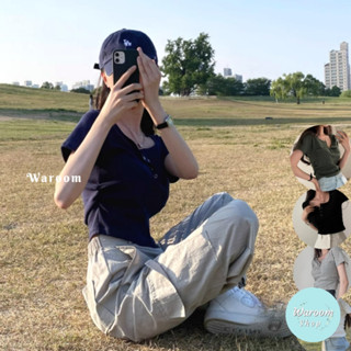 Waroom|高雄現貨秒出 S222 棉質素色開扣圓修身短版上衣|女裝|露臍|短袖T恤|短袖上衣|抓皺上衣|顯身材
