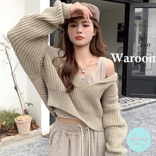 Waroom|熱銷現貨 韓系V領披肩式短版針織毛衣|女裝|短款針織衫|辣妹|長袖上衣|罩衫|毛線衣|披肩上衣 0036