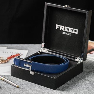 【FREED】時尚簡約字母G商務休閒頭層牛皮皮帶 - 藍色 生日禮物 男友禮物 客製化刻字