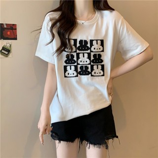 黑白刺繡小兔寬鬆短袖 短袖上衣 可愛上衣 兔子上衣 夏日舒適 韓版 輕鬆百搭 臺灣賣家 快速出貨 B128-7802#