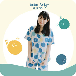 【hahababy】藍綠點點-大人短袖襯衫睡衣 襯衫睡衣上衣