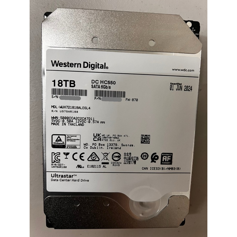 二手 WD  DC HC550企業級硬碟 18TB  多顆優惠