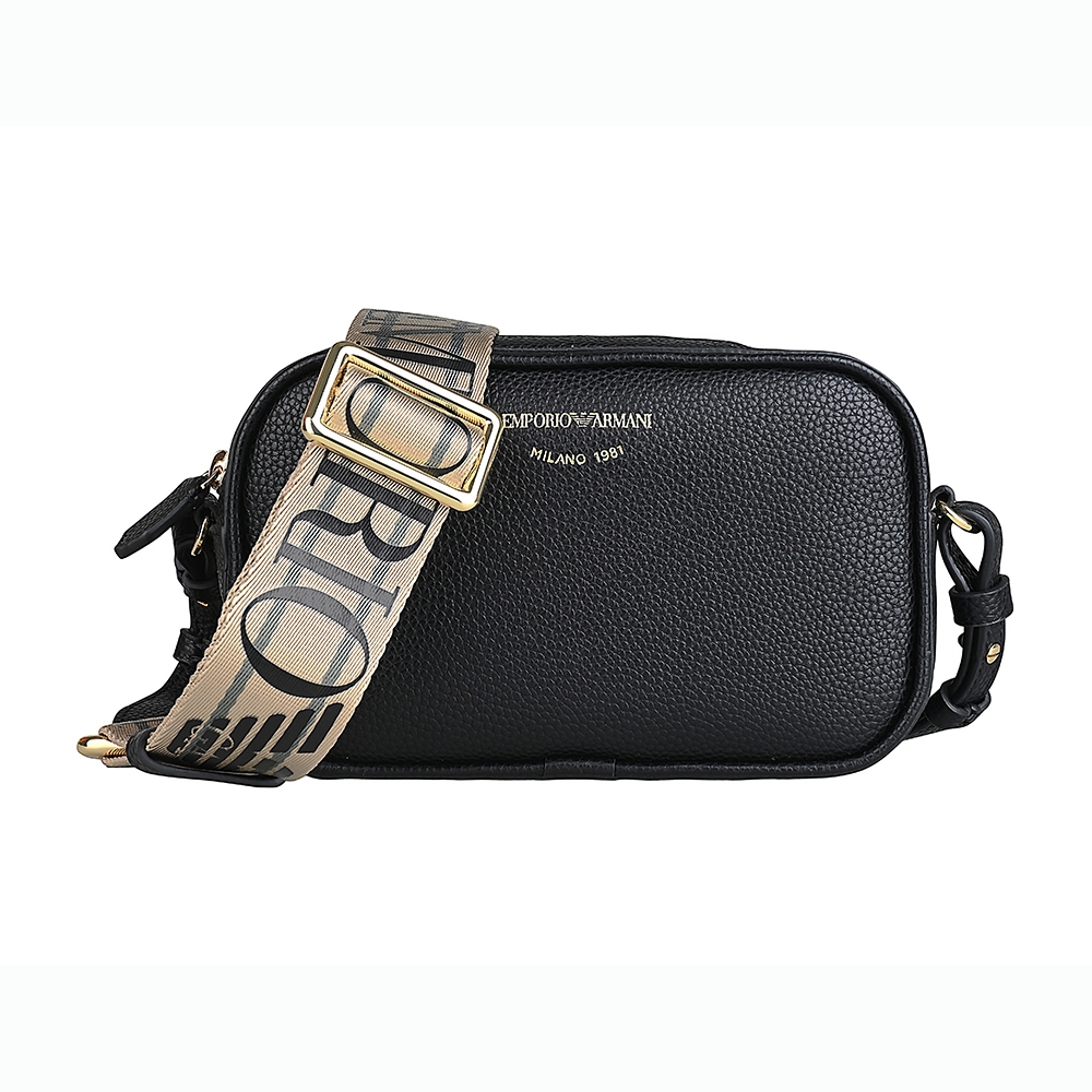 EMPORIO ARMANI燙金LOGO顆粒紋牛皮拉鍊斜背相機包(迷你/黑x卡其)