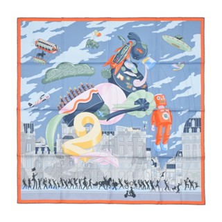 Hermes 愛馬仕 Hermès Parade 90 cm手工捲邊斜紋真絲方巾(灰藍/綠/橘)｜JS Maxx官方旗艦