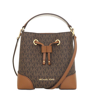 【美麗小舖】MICHAEL KORS MK 深咖啡色老花防刮PVC塗層帆布 手提包 側揹包 水桶包 斜揹包~M24798