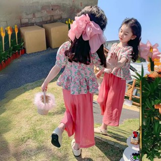 {現貨有電子發票}女童粉紅碎花套裝夏季新款兒童甜美風短袖上衣寬褲兩件套【C978】