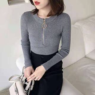 打底衫 內搭衫 包芯紗上衣 針織毛衣 韓國版拉鍊圓領套頭毛衣女修身百搭長袖針織打底衫上衣TBF07.5010