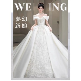 2024/夢幻新娘正品春秋新款婚紗禮服 宮廷風法式重工高階質感一字肩緞面新娘顯瘦奢華拖尾主婚紗禮服(租不如買!!免運費)