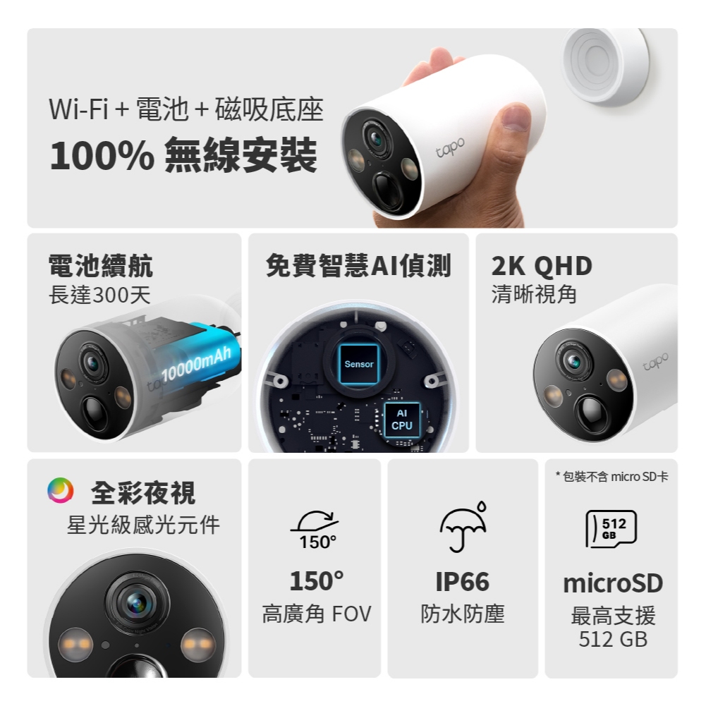 公司貨~TP-Link Tapo C425 2K QHD 400萬 WiFi監視器 無線電池攝影機 星光級感光 磁吸底座