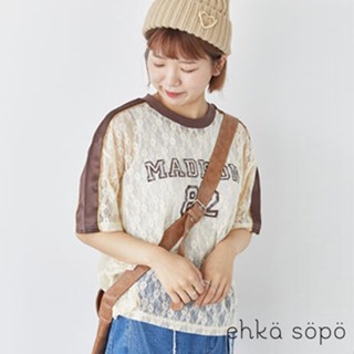 ehka sopo 運動風印花滾邊配色蕾絲短袖上衣(FF43L1C0580)