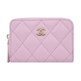CHANEL 雙C LOGO菱格紋小牛皮拉鍊零錢包(淡粉)｜100%原廠真品｜JS Maxx官方旗艦館
