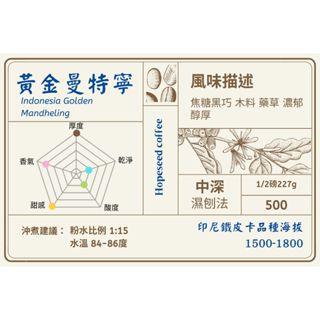＜希望種子咖啡＞印尼 黃金曼特寧 刨濕法(耳掛包，中深焙) 自家烘焙 精品咖啡