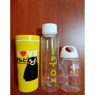 【全新，無包裝】熊本熊KUMAMON隔熱手拿杯+LIPTON立頓冷泡茶透明水瓶+Calbee加卡比透明小水瓶(三件一組)