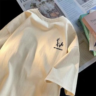 (M-8XL)加大碼 短袖情侶衣班服夏季裝新款 潮流春寬鬆短袖高階設計感小眾t恤套裝潮 簡約時尚竹子印花