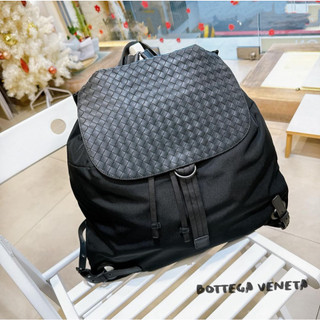 二手旗艦 BOTTEGA VENETA BV 黑色 編織皮革 帆布 掀蓋 後背包 (中友店)