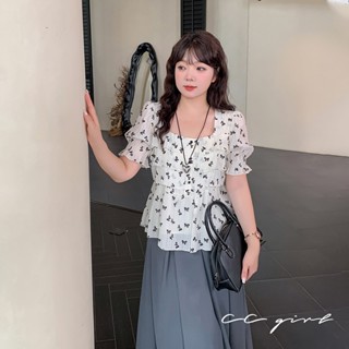CCGIRL中大尺碼 蝴蝶結♡蛋糕層碎花滿版方領公主袖上衣-適XL～5L《20665》大尺碼女裝 中大尺碼上衣