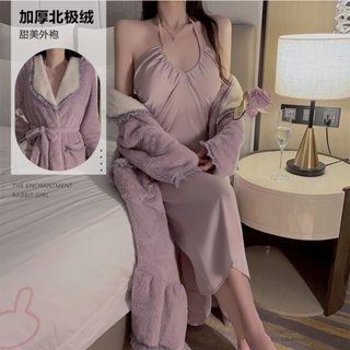 甜美可愛娃娃領法蘭絨系帶外袍 性感掛脖緞面睡裙 連身睡裙 性感睡衣 冰絲睡衣 蕾絲睡裙 外袍 家居套裝