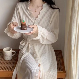 FUXI 甜美睡袍女 V領繫帶純色浴袍 長款晨袍 長袖睡衣 居家服 中長款家居服 女生睡衣 連身睡衣
