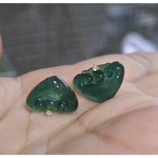 緬甸天然冰種藍水綠翡翠18k金真鑽如意頭耳針耳環！