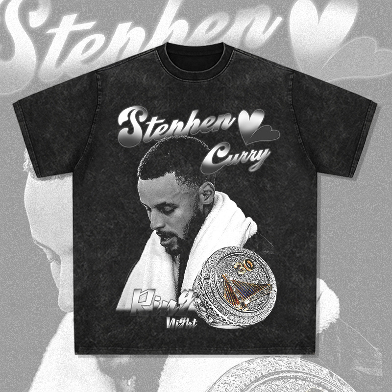 【STEPHEN CURRY】咖哩冠軍戒 勇士隊 歐美 街頭 NBA 籃球 印花短袖T恤 寬鬆 圓領 重磅 嘻哈 美式