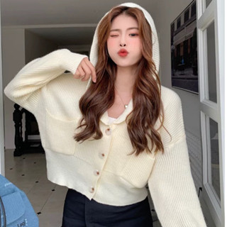 【Super Q】🎀#4Y93 V領連帽短版上衣 毛衣 針織外套 翻領兩穿連帽衣 雙口袋落肩寬鬆 秋冬韓系
