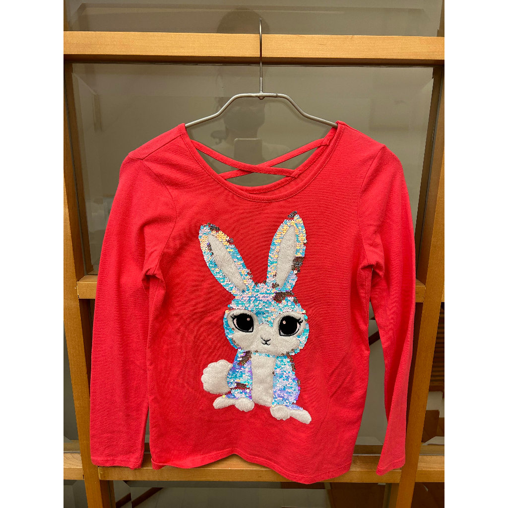 美國品牌JUSTICE 純棉女童翻轉亮片兔子造型背後交叉綁帶長袖上衣