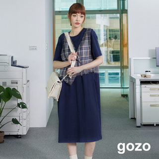 【gozo】格紋背心兩件式造型洋裝(深藍_M/L) | 女裝 顯瘦 百搭