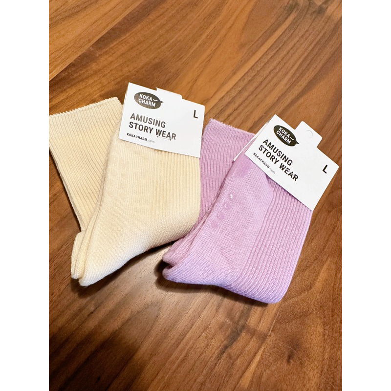韓國製 KOKA CHARM兒童羅紋素色糖果襪/紫+米白L