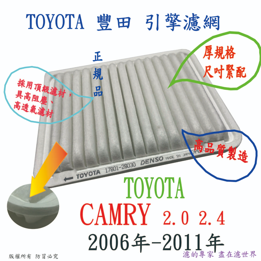 TOYOTA 豐田 CAMRY 2.0 2.4 2.5 3.0 3.5 高品質 引擎濾網 空氣濾網 空氣芯 濾網
