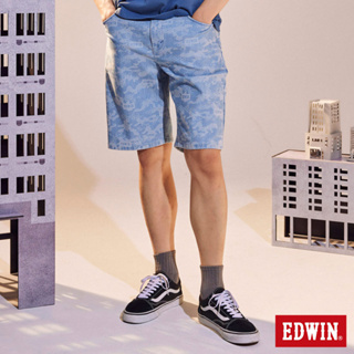 EDWIN 男款 EDGE JERSEYS 迦績動能迷彩LOGO合身牛仔短褲(石洗藍)