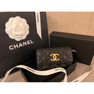 Chanel 23B金色CC Logo口蓋卡片夾 小卡夾 黑色