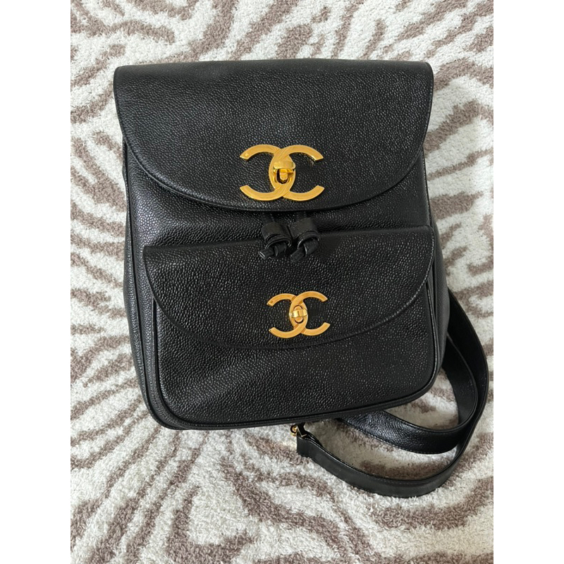 Chanel vintage 後背包 魚子醬牛皮 大logo 二手正品 日本中古包