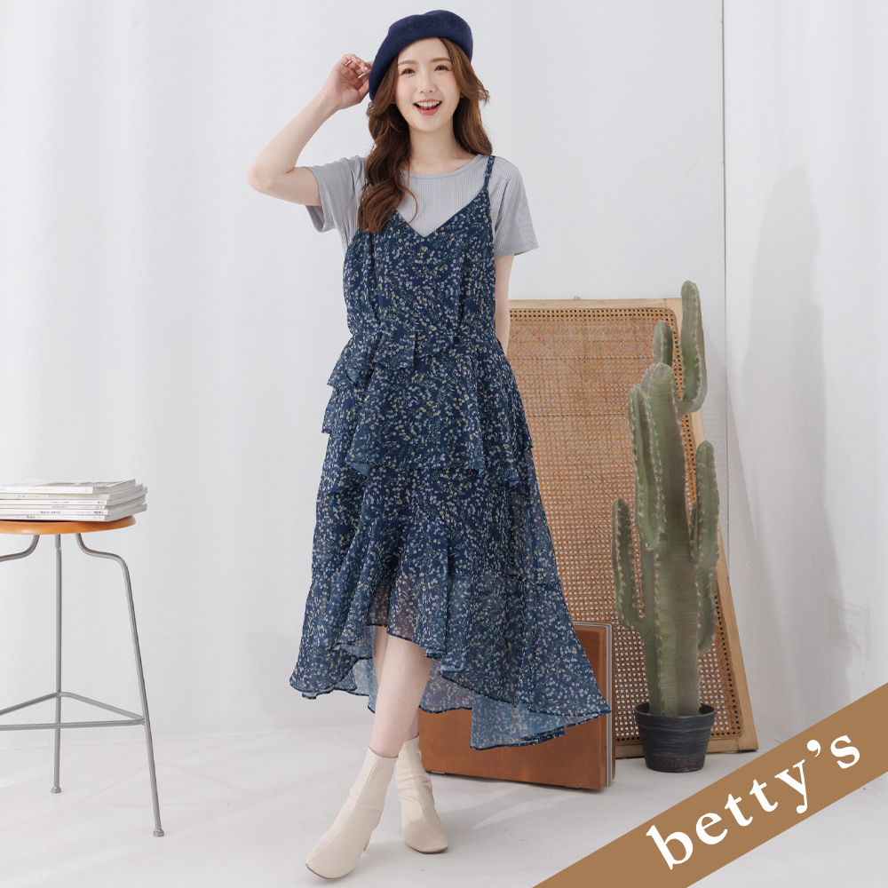 betty’s貝蒂思(25)兩件式細肩帶蛋糕碎花洋裝(深藍色)