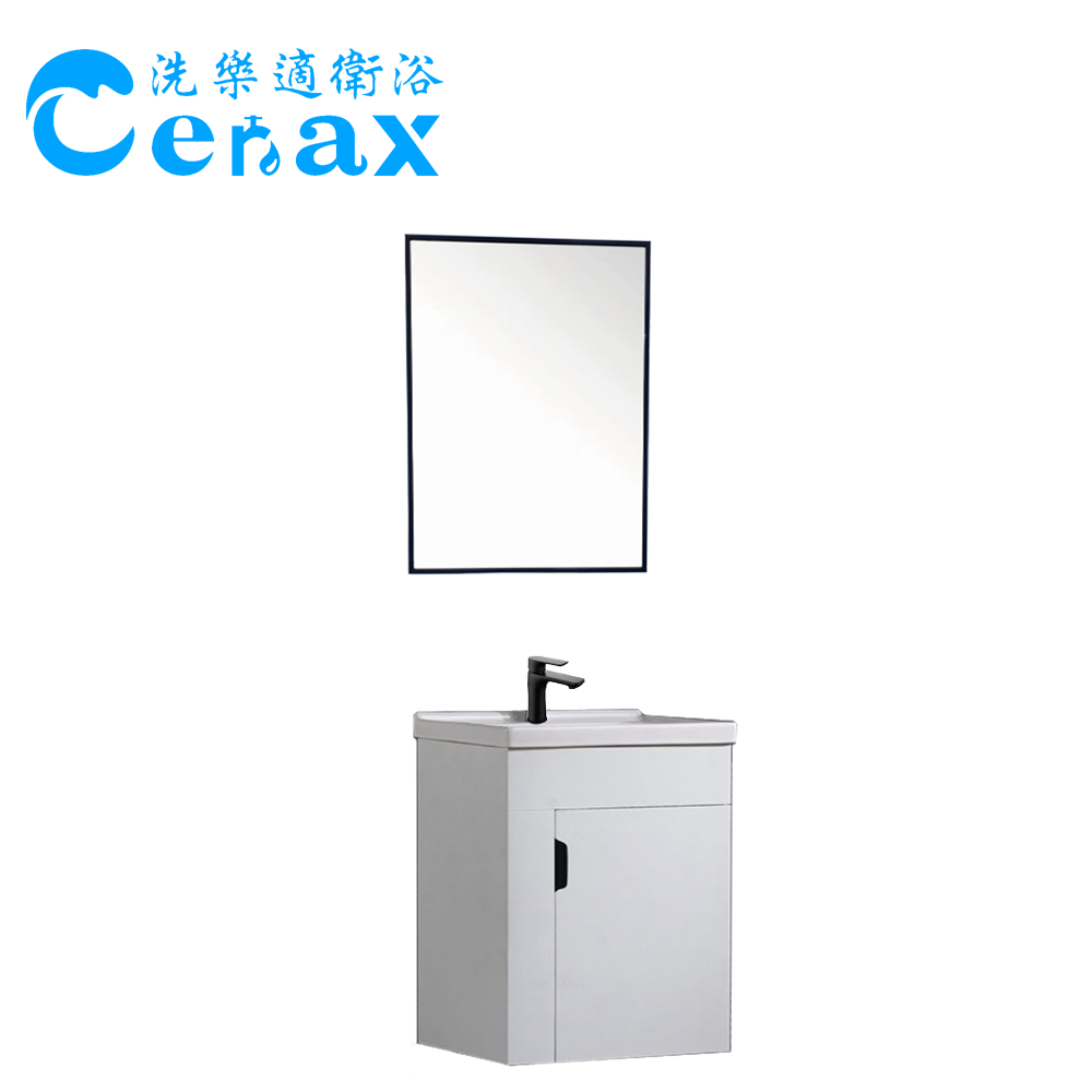 【CERAX洗樂適衛浴】100%防水PVC發泡板浴櫃50CM 冷熱面盆龍頭 黑色鋁框鏡 衛浴三件組(贈黑色玻璃平台組)