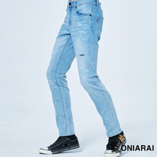 BLUE WAY 鬼洗 ONIARAI - 男款 冰氧鋅玉彈性中低腰丹寧修身直筒褲(淺藍)