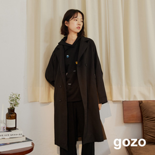 【gozo】異材質拼接條紋風衣外套(黑色/淺卡其_F) | 女裝 修身 百搭