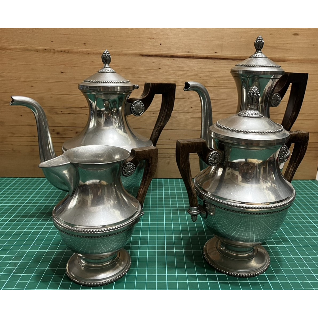 法國製中世紀摩登設計Etain du Manoir古董錫茶壺咖啡壺組 木柄 拆售/整套  食物藝術攝影道具 單把手胖瘦壺