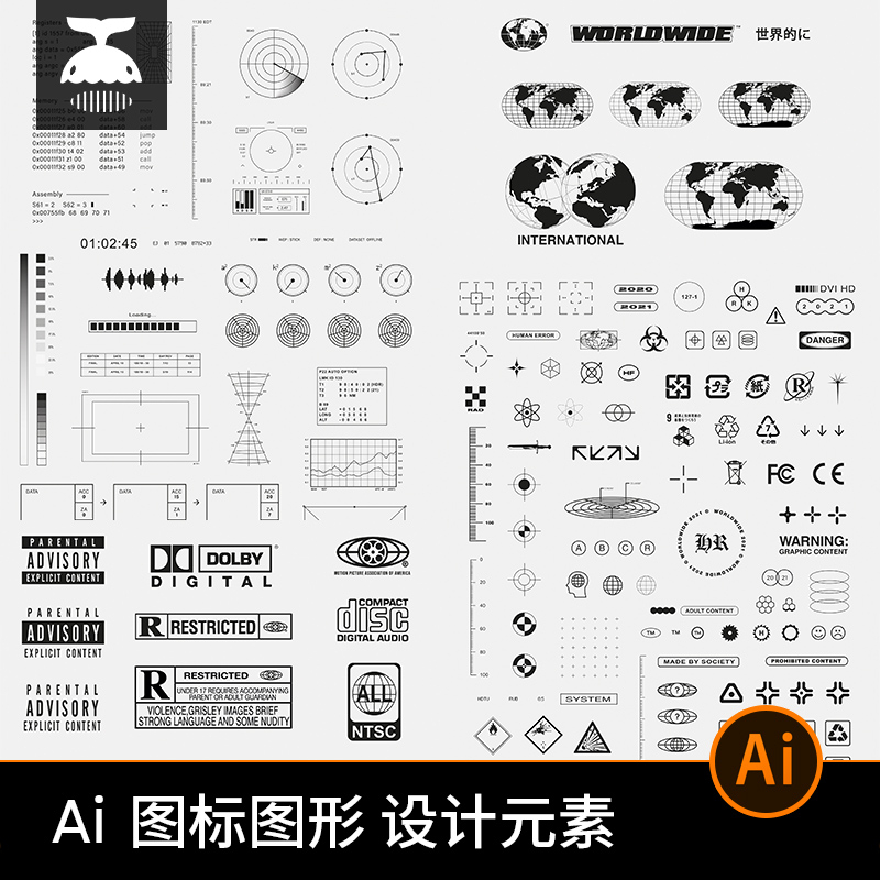 C145_潮流酸性機能科技感HUD圖案音樂專輯DISC圖示DOLBYAI向量設計素材