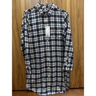 全新 Uniqlo女童/女裝 法蘭絨長版襯衫(長袖) 深藍格紋混彩點 160