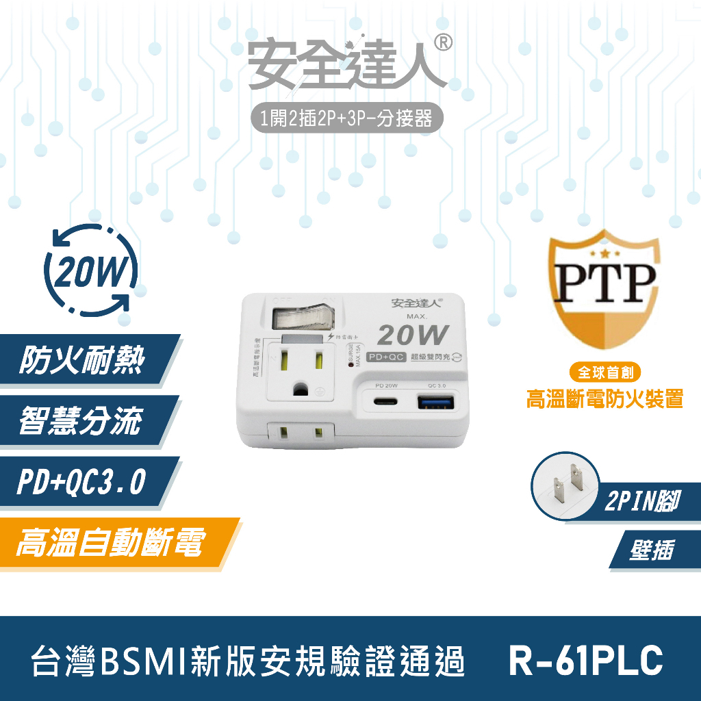 【安全達人】1開2插3P+2P 20W USB超級閃充分接器（壁插）R-61PLC