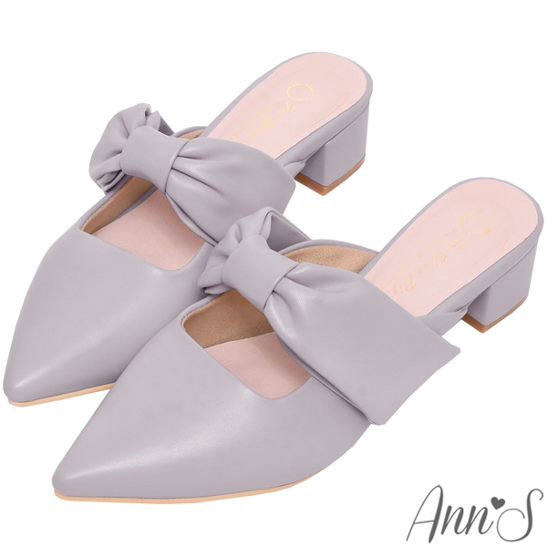 Ann’S柔美心動-立體蝴蝶結低跟粗跟穆勒尖頭鞋4cm-灰藍