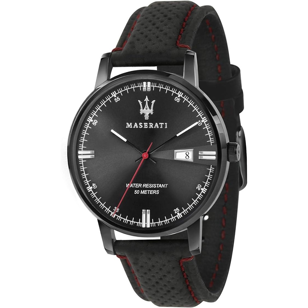 【WANgT】MASERATI 瑪莎拉蒂 黑紅賽車皮椅質感配色小刻度日期顯示腕錶R8851130001