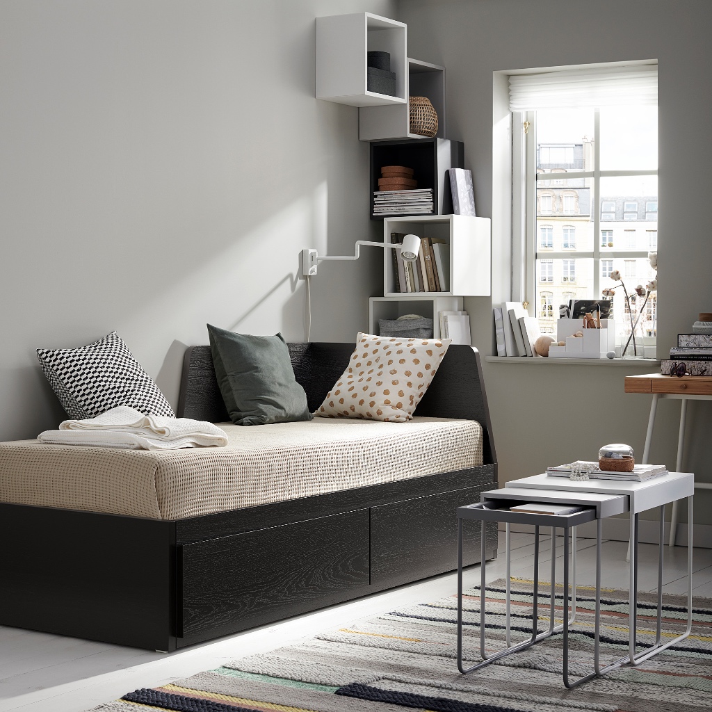 北歐經典IKEA宜家FLEKKE坐臥兩用床框附2抽屜/沙發單人床雙人床/黑棕色/二手八成新/原$12900特$8800