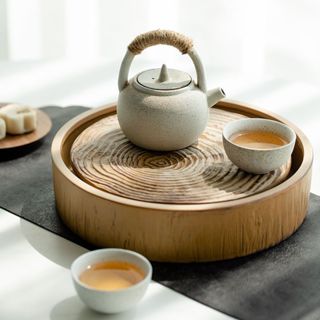 樹樁年輪樣式 全陶瓷茶盤 日式創意茶盤 陶瓷 儲水式 可分離 家用客廳 功夫茶具小茶台 乾濕分離 茶具 茶器茶托 壺承