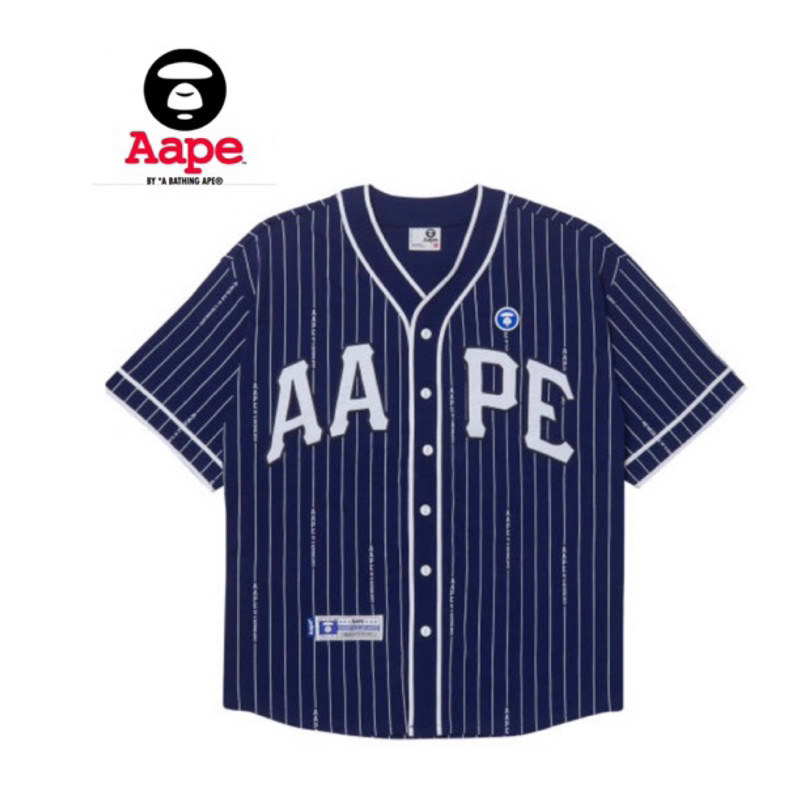 AAPE APE Moonface patch striped sleeve baseball棒球短袖襯衫