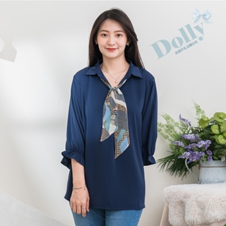 台灣現貨 大尺碼雪紡襯衣+絲巾七分袖上衣(藍色)206-Dolly多莉大碼專賣店