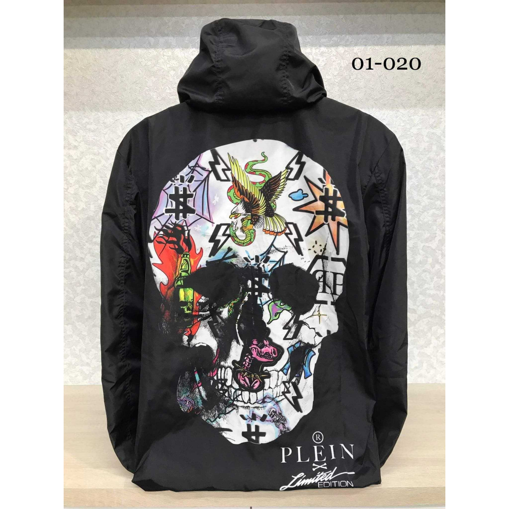 高雄凡賽斯歐洲精品 PHILIPP PLEIN PP 左胸鐵牌 背後彩繪圖騰大骷髏 黑色 連帽外套 尼龍 風衣外套 外套