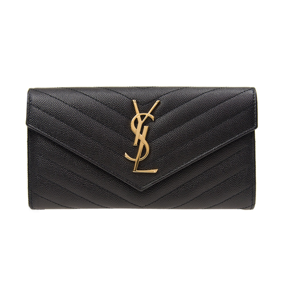 YSL MATELASSE金屬LOGO V字縫線牛皮翻蓋長夾(黑/金)｜100%原廠真品｜JS Maxx官方旗艦館