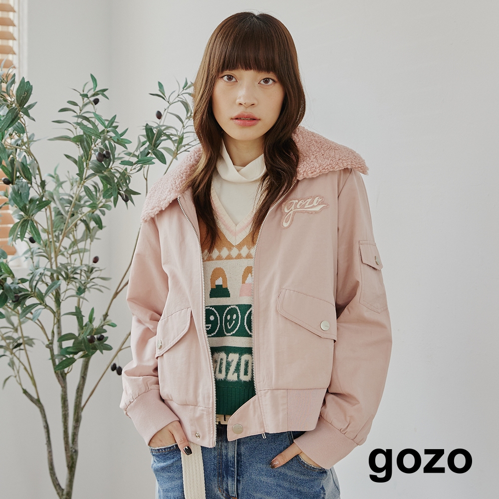 【gozo】保暖毛毛領飛行外套(粉色/深綠_F) | 女裝 西裝領 休閒